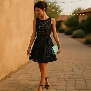 NWT Speechless Mint Lined Lace Skater Dress Sz 9 Leather Trim Floral Overlay 35”